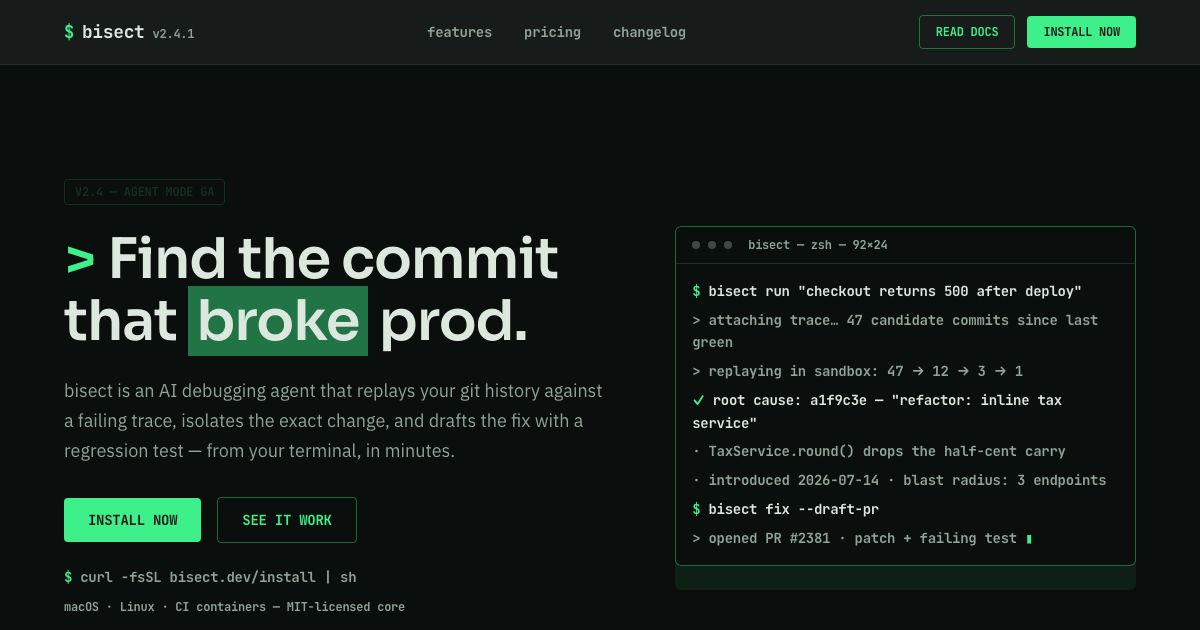 Developer Tool Landing Page Template — home page screenshot