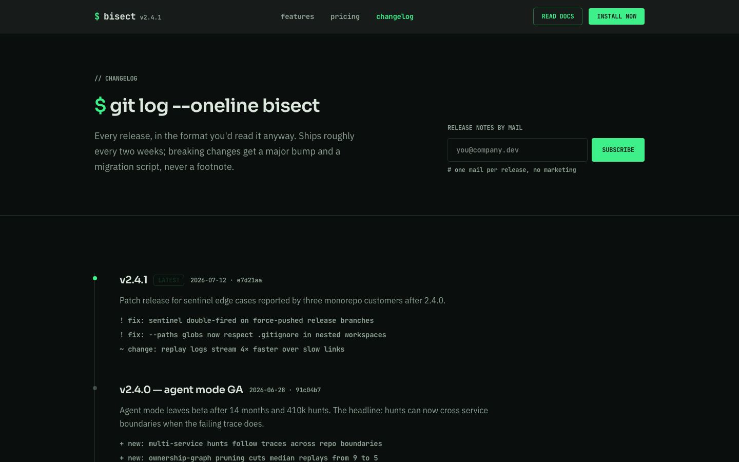 Developer Tool Landing Page Template — changelog page screenshot