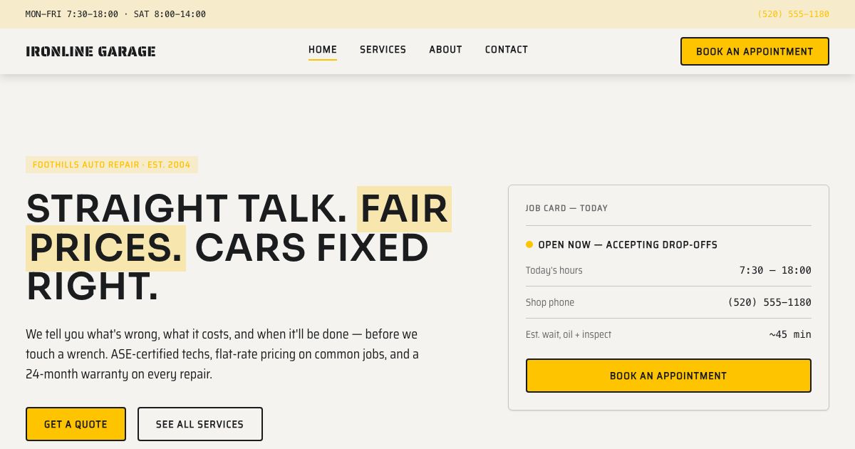 Auto Repair Shop Website Template — home page screenshot