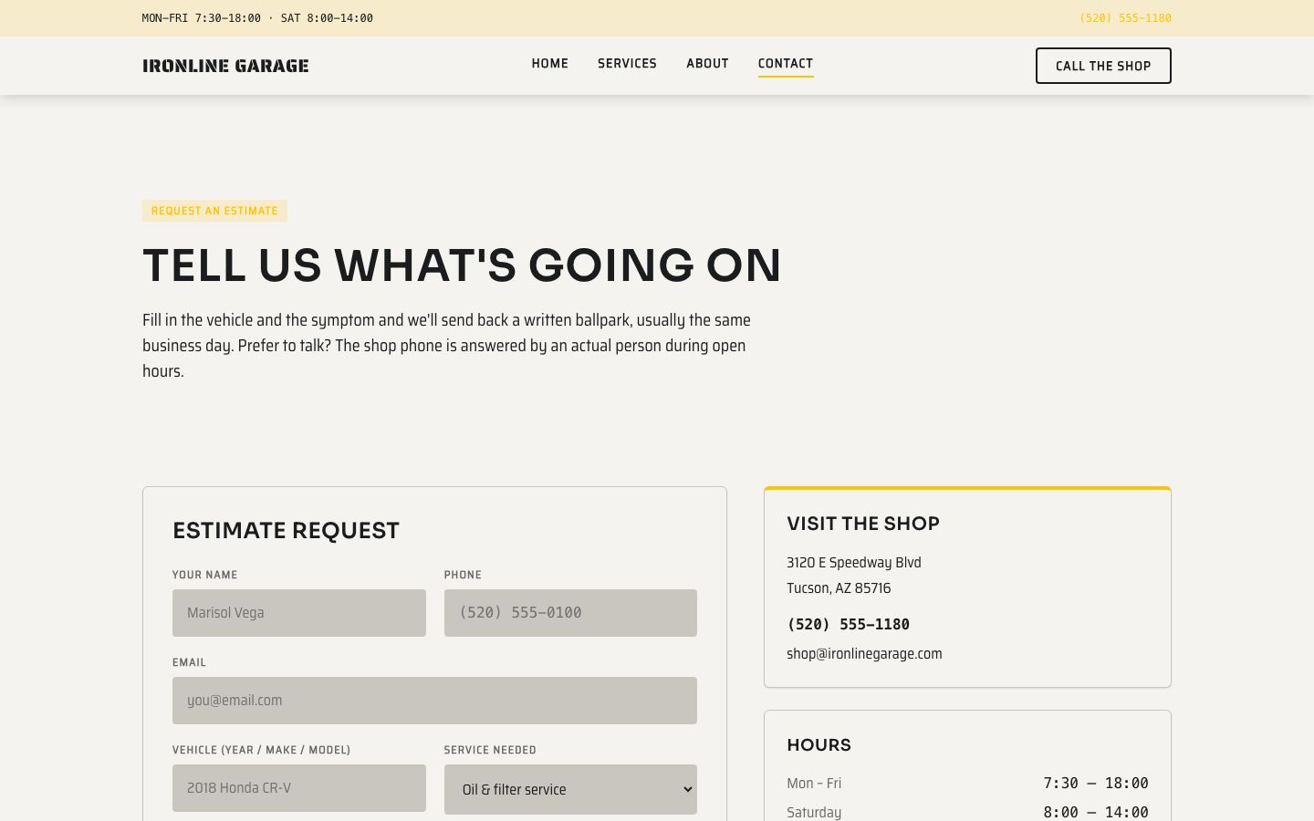 Auto Repair Shop Website Template — contact page screenshot