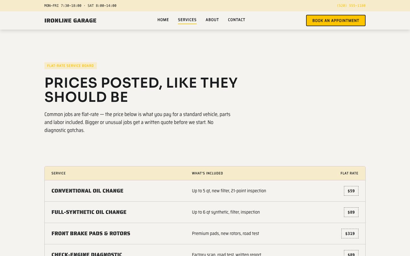 Auto Repair Shop Website Template — services page screenshot