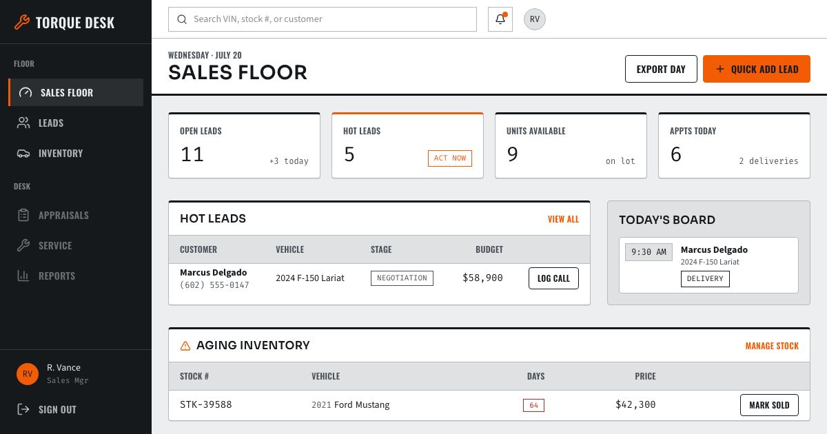 Car Dealership CRM Template — home page screenshot