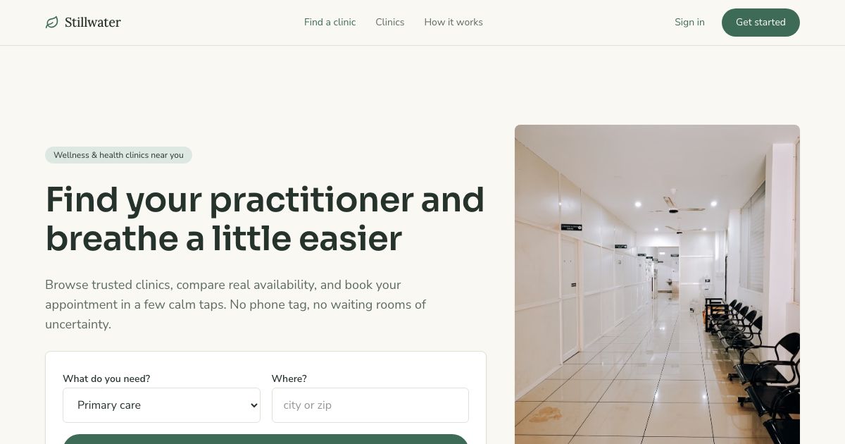 Clinic Booking App Template — home page screenshot
