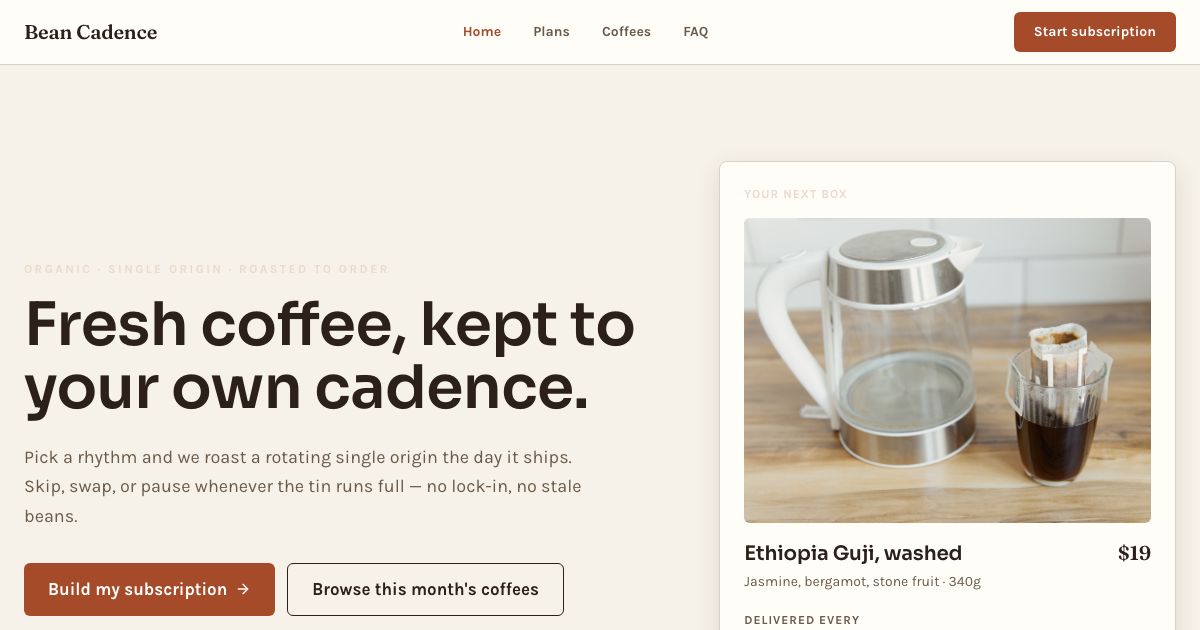 Coffee Subscription Website Template — home page screenshot
