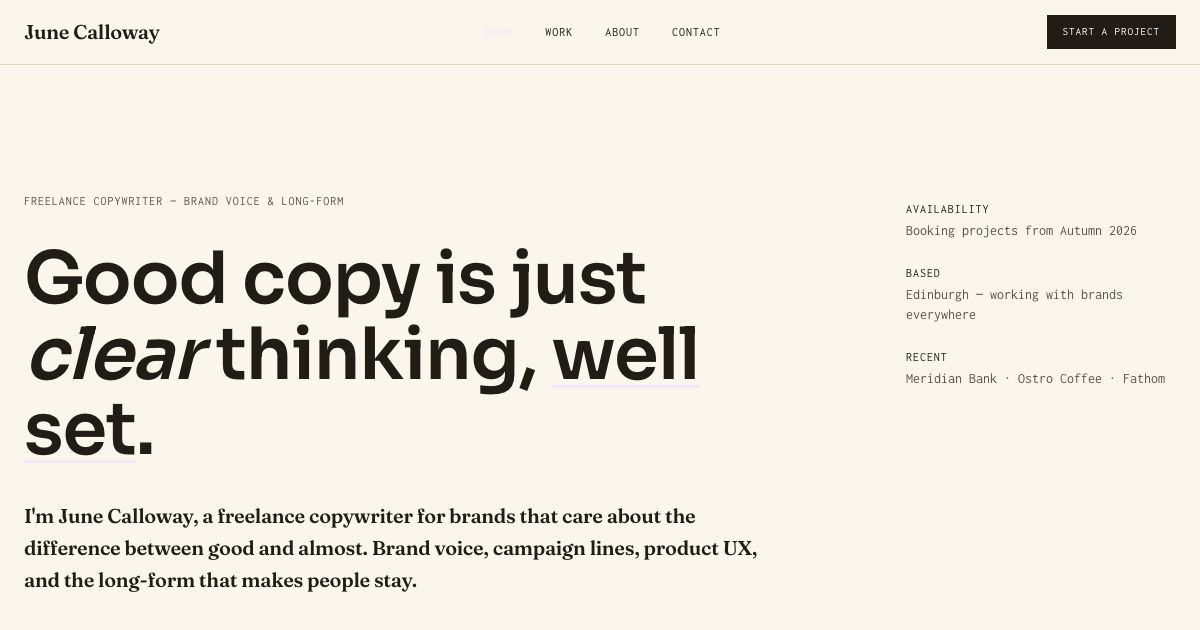 Copywriter Portfolio Template — home page screenshot