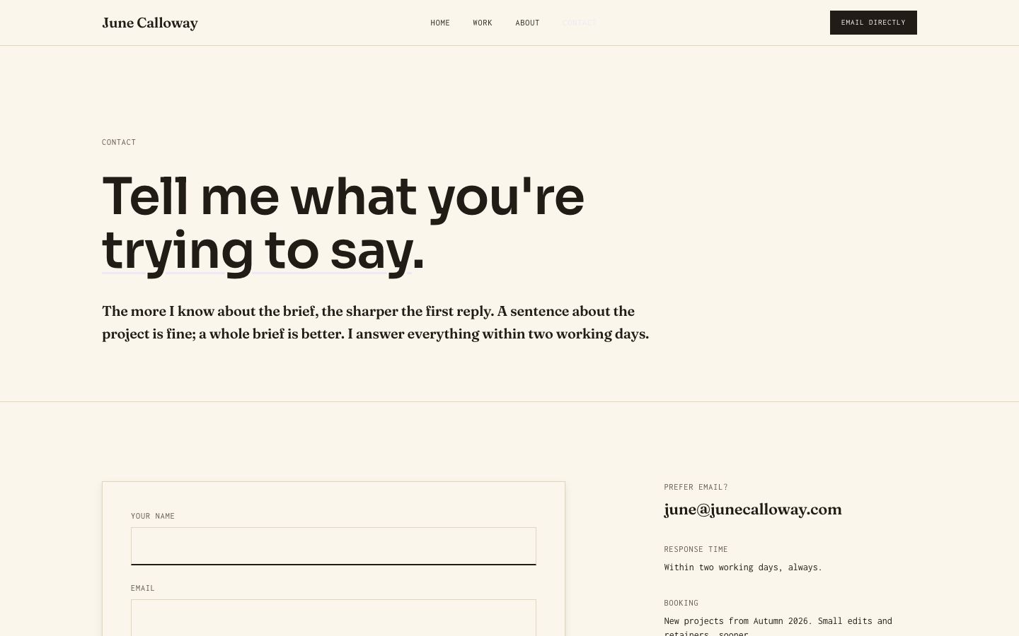 Copywriter Portfolio Template — contact page screenshot