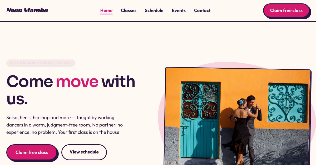 Dance Studio Website Template — home page screenshot