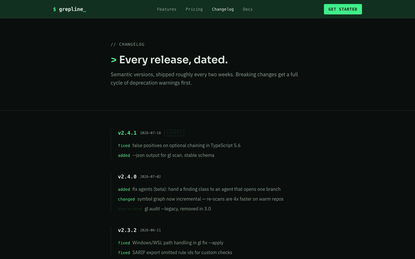 Phosphor Grid — changelog page screenshot