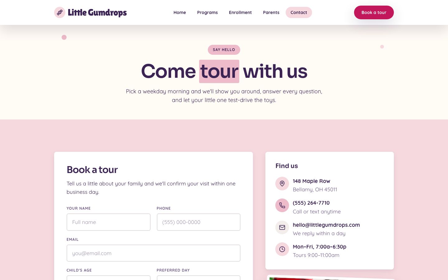 Daycare Website Template — contact page screenshot
