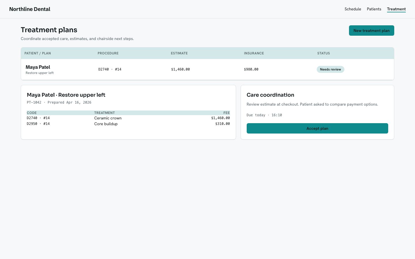 Dental Practice Management Template — treatment plans page screenshot