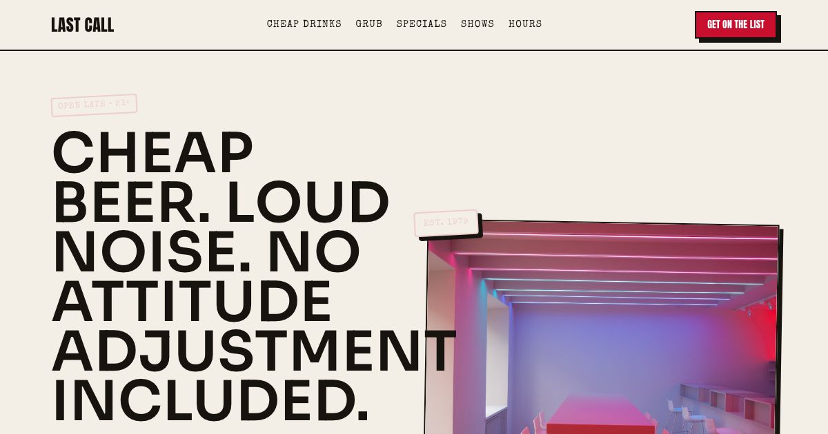 Bar Website Template — home page screenshot