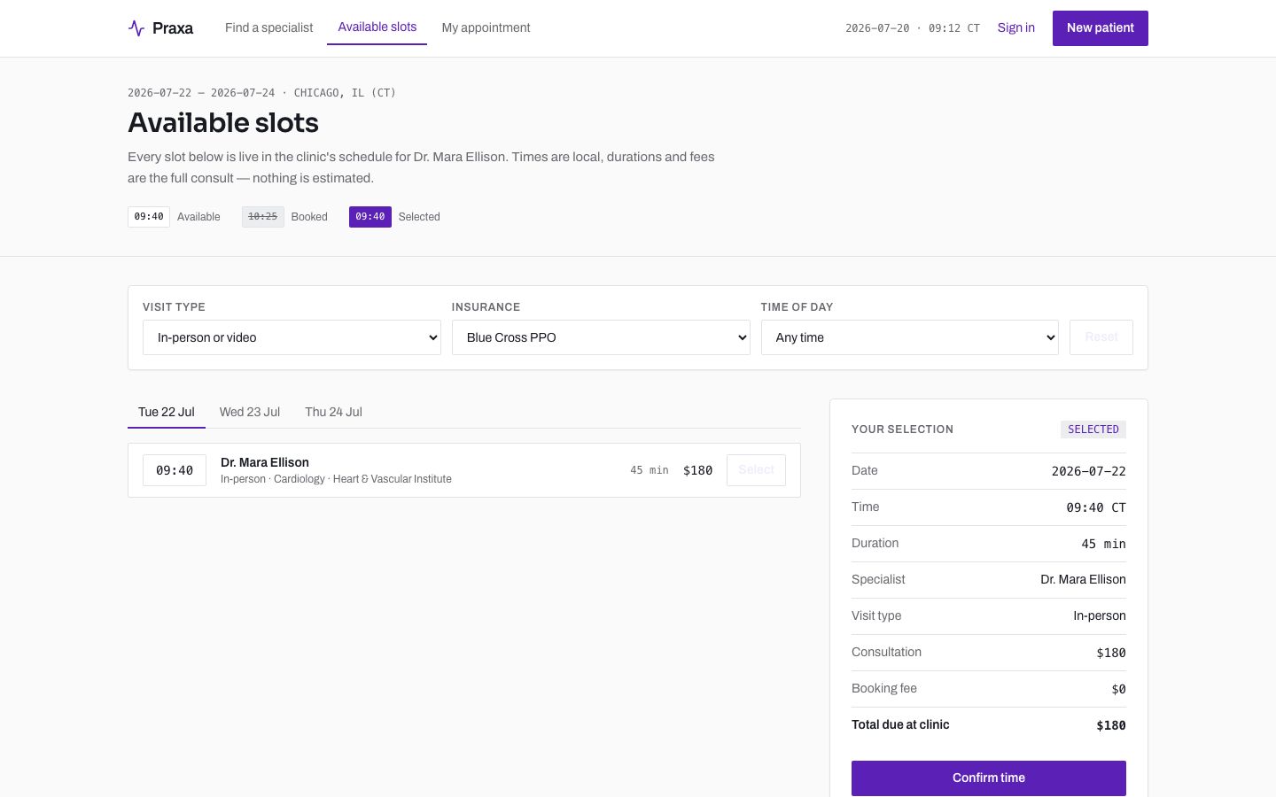 Doctor Appointment App Template — slots page screenshot