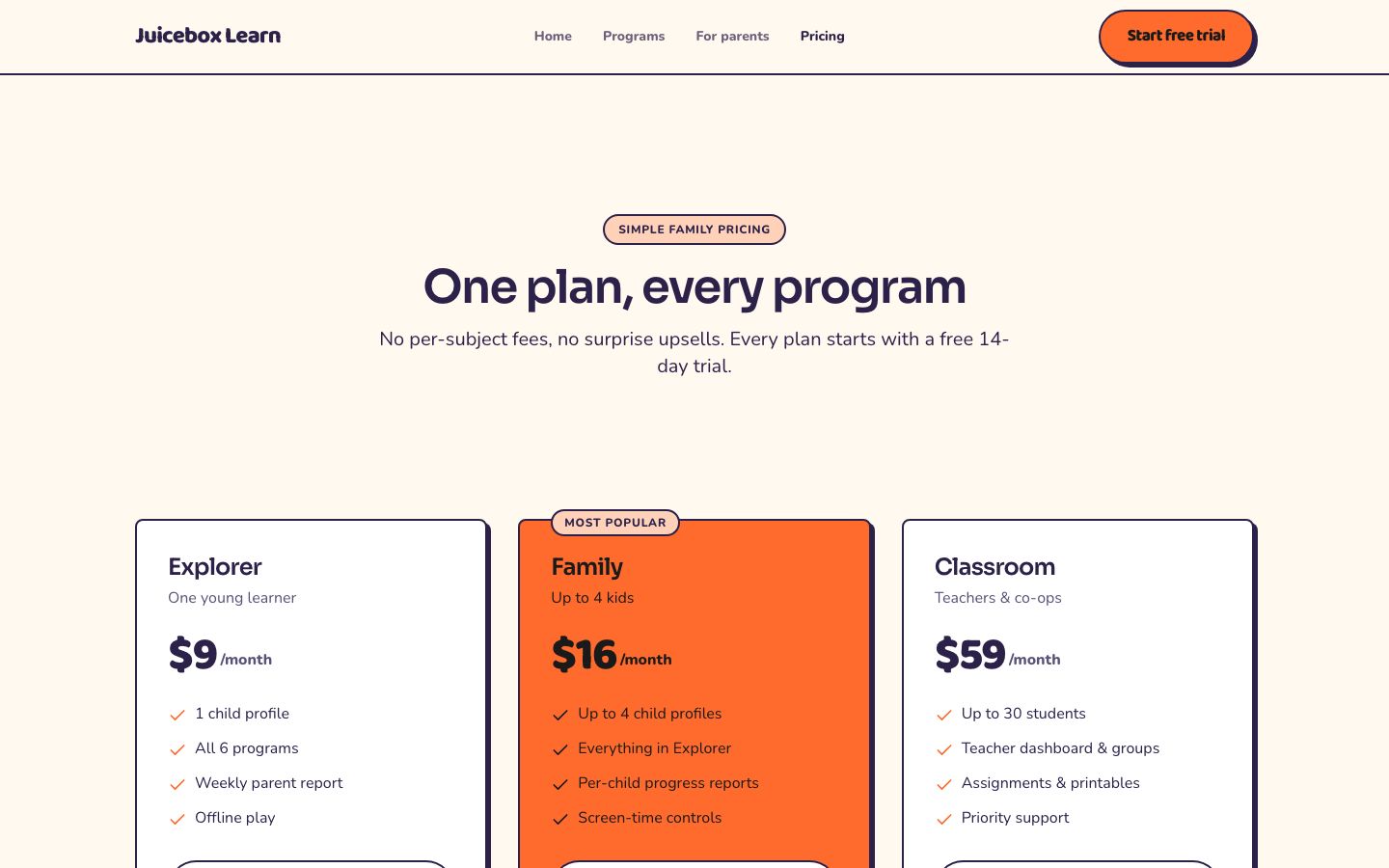 eLearning Website Template — pricing page screenshot