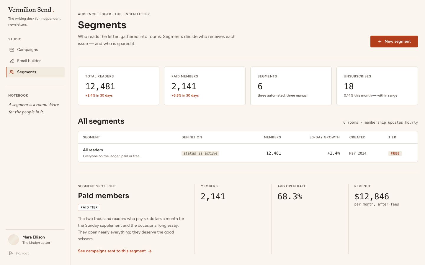 Email Campaign Builder Template — segments page screenshot