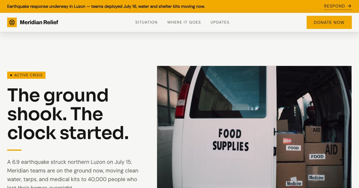 Emergency Donation Page Template — home page screenshot