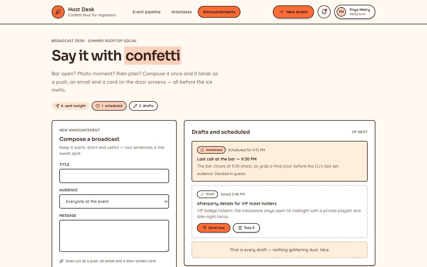 Event Check-In App Template — announcements page screenshot