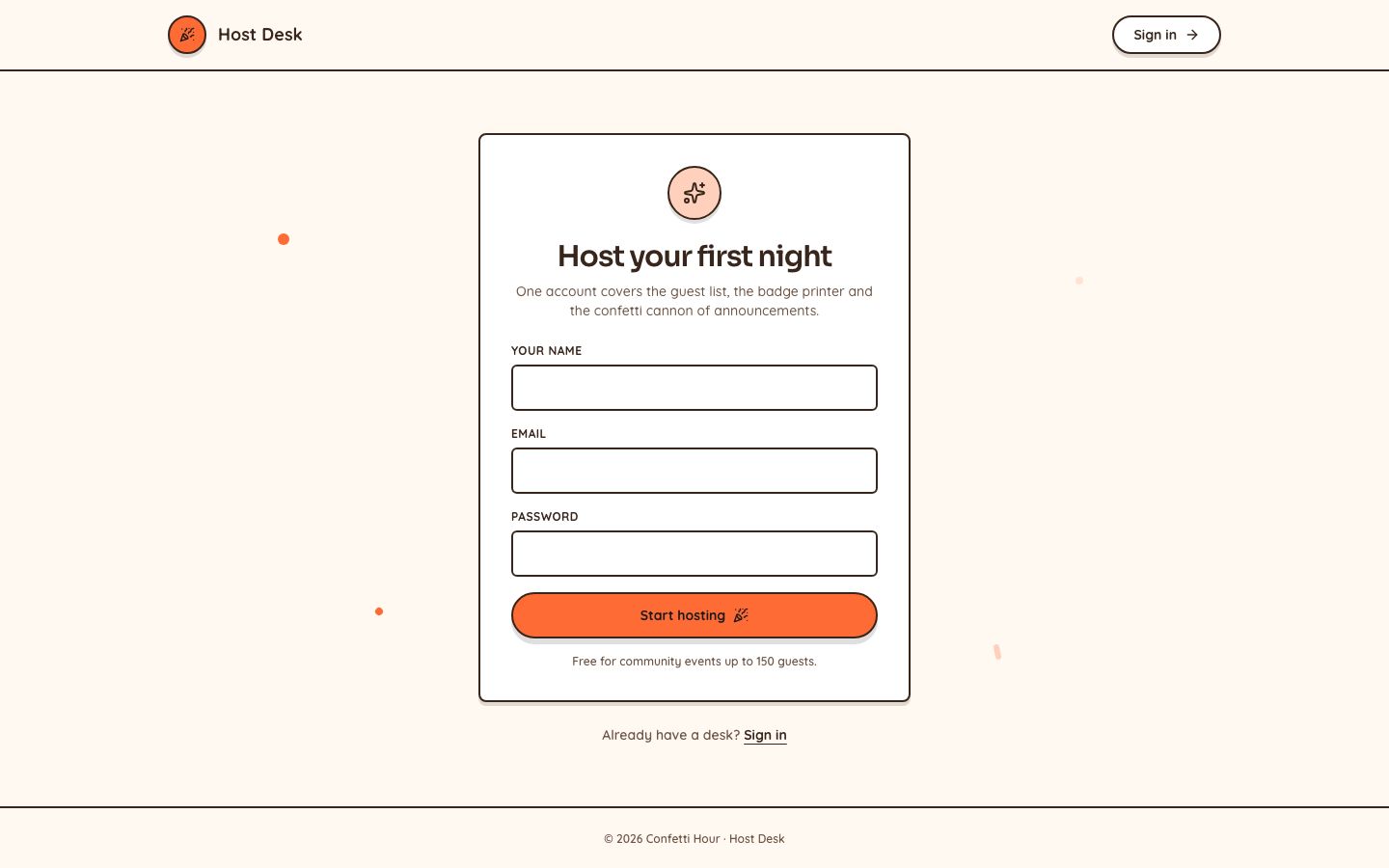 Event Check-In App Template — signup page screenshot