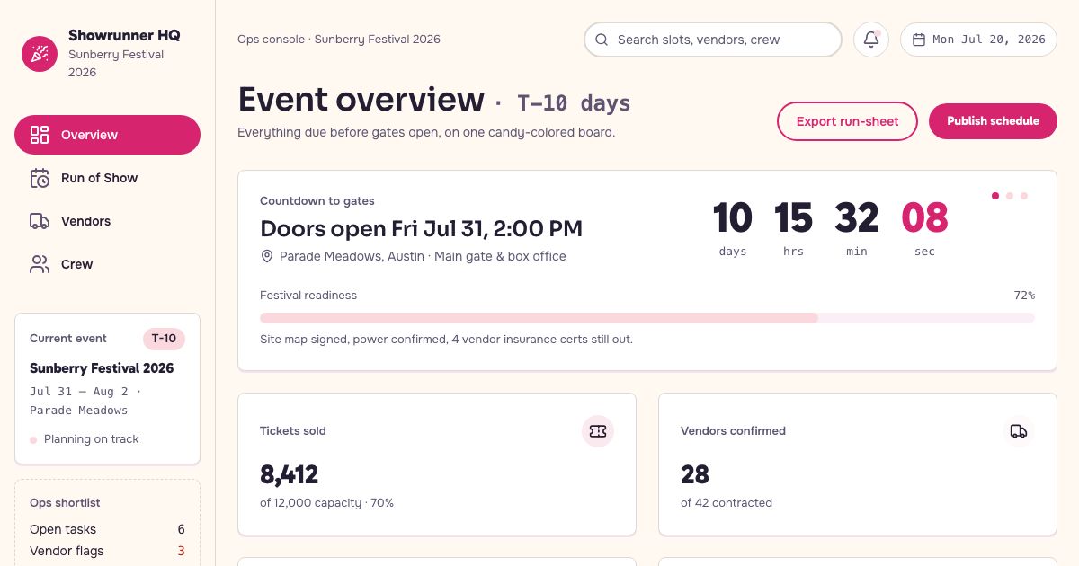 Event Management Dashboard Template — home page screenshot