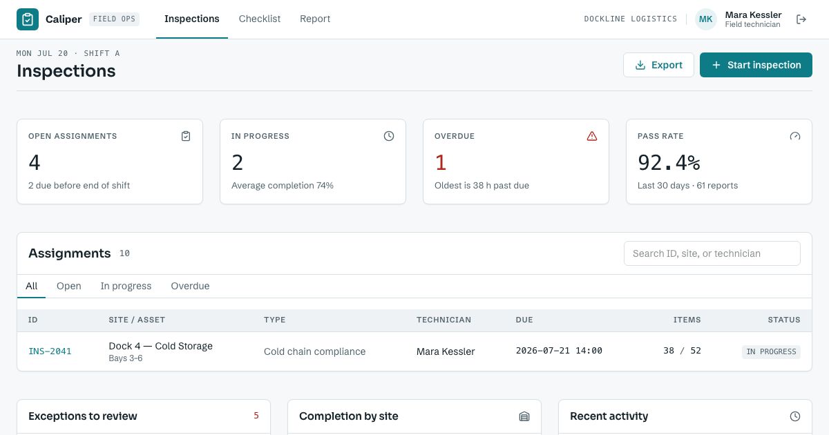 Inspection Checklist App Template — home page screenshot
