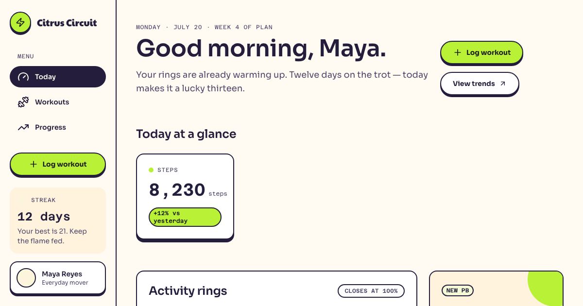 Fitness App Dashboard Template — home page screenshot