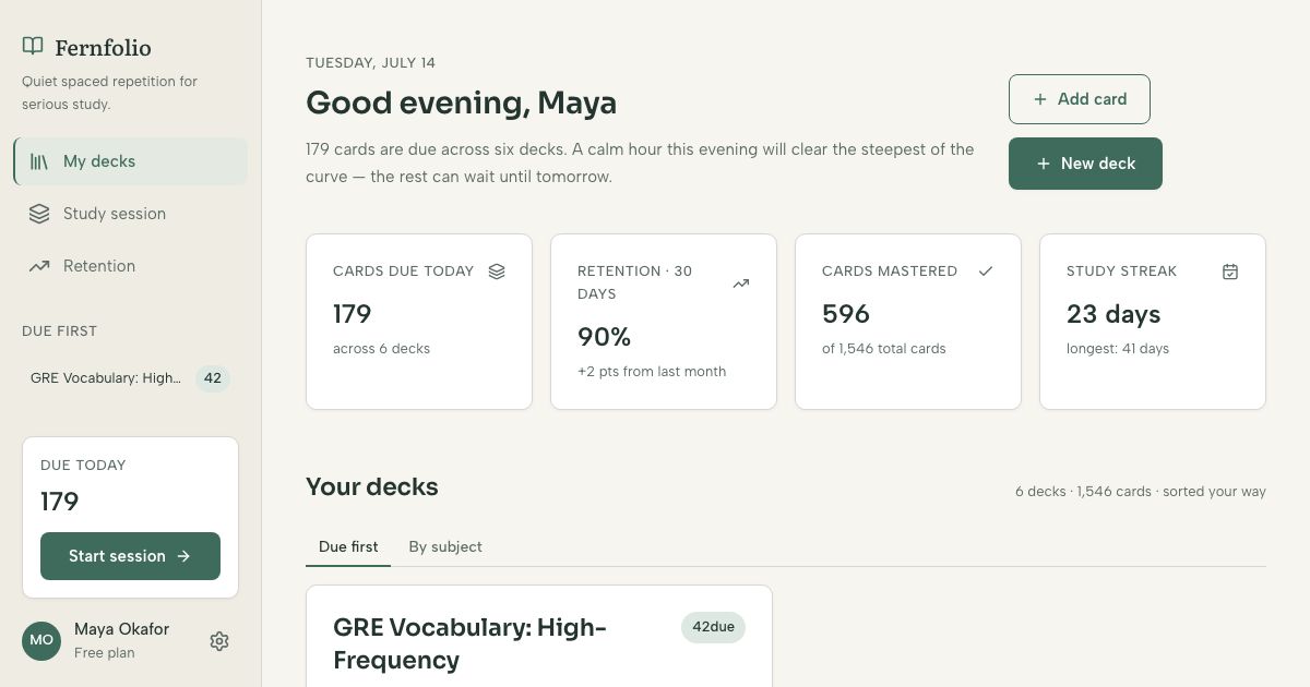 Flashcard App UI Template — home page screenshot