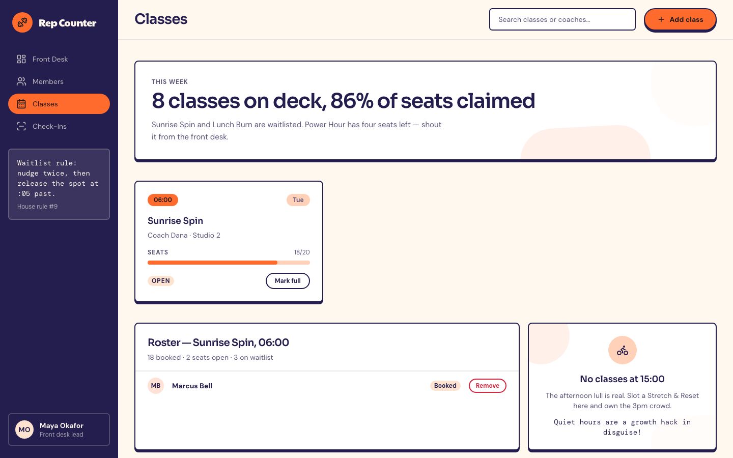 Gym Management Dashboard Template — classes page screenshot