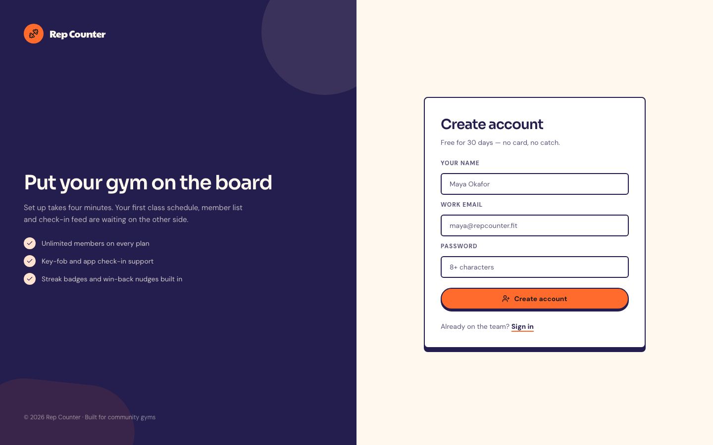 Gym Management Dashboard Template — signup page screenshot