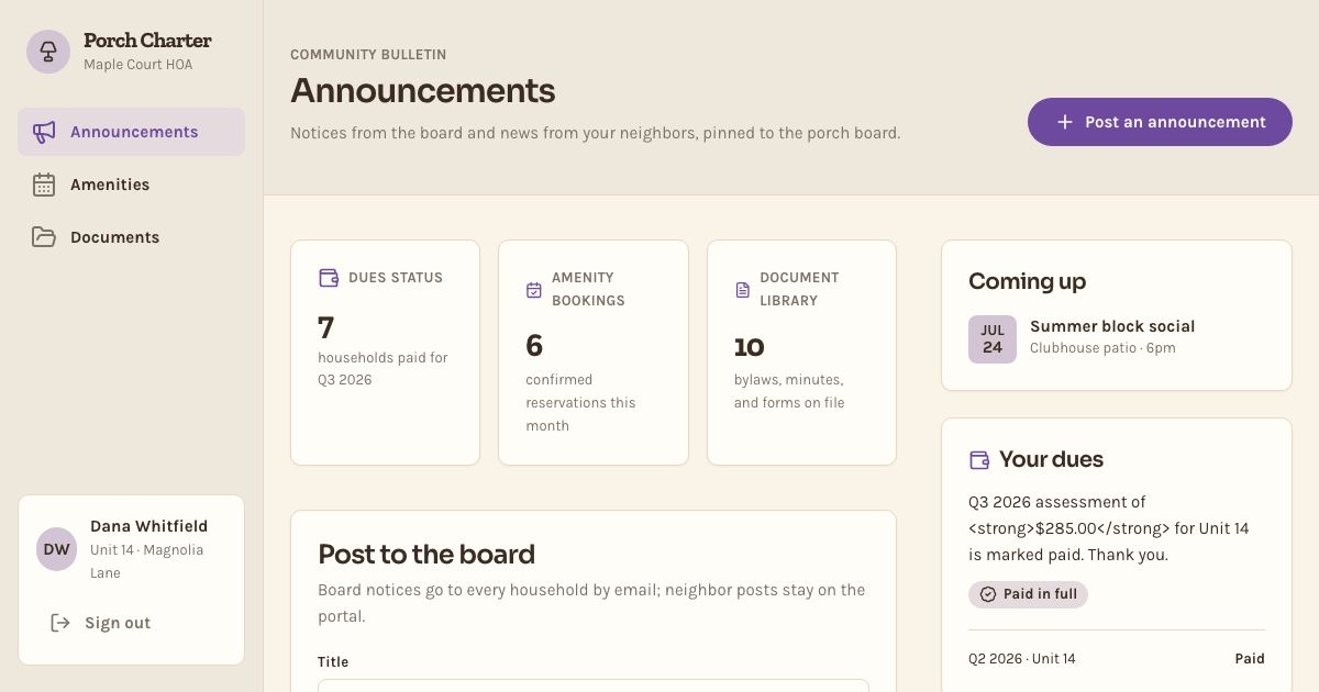 HOA Portal Template — home page screenshot