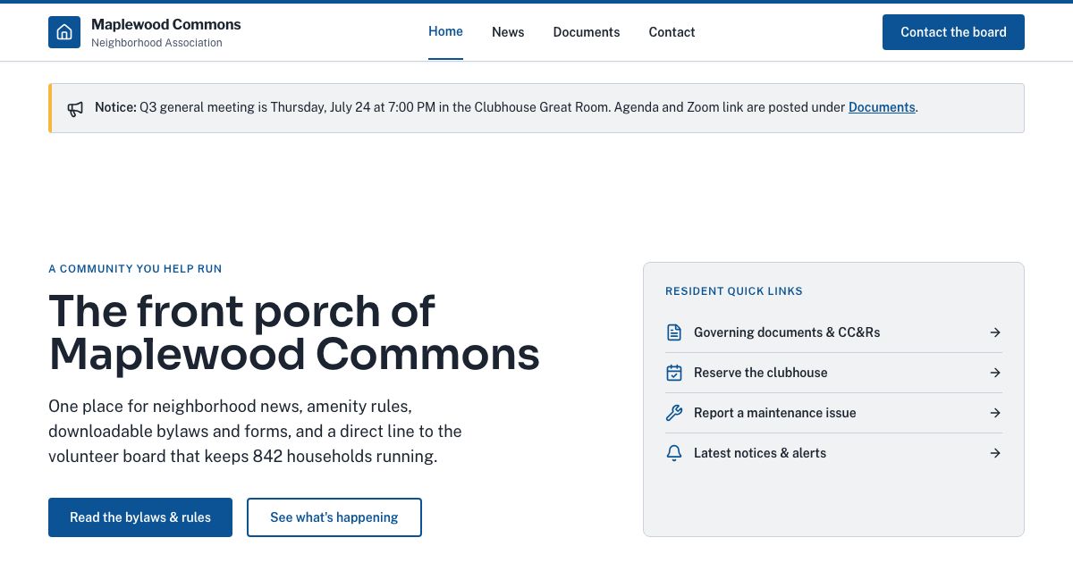 HOA Website Template — home page screenshot