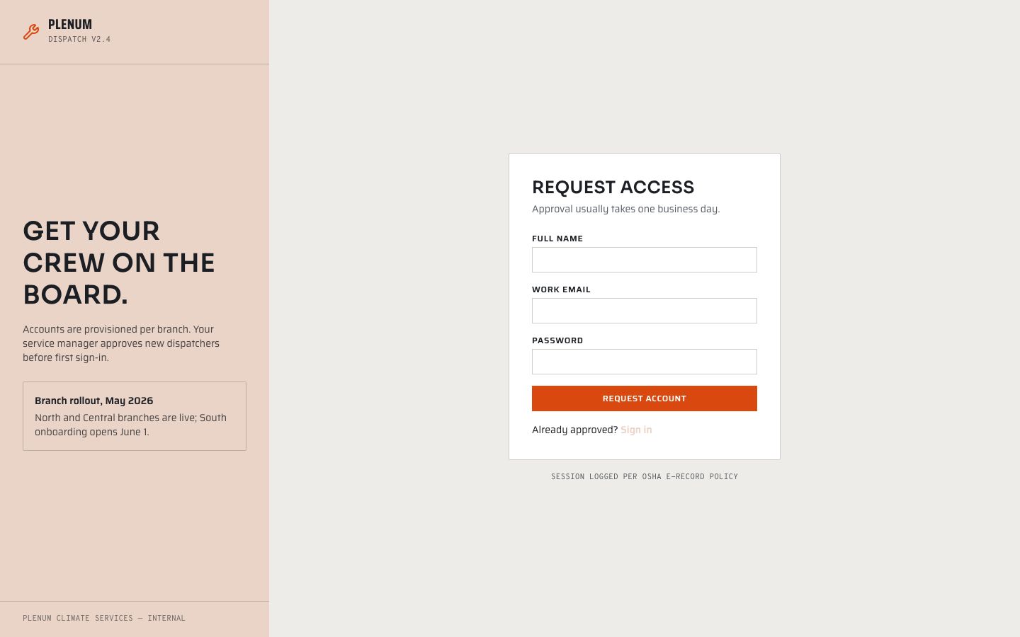 HVAC Dispatch Software Template — signup page screenshot