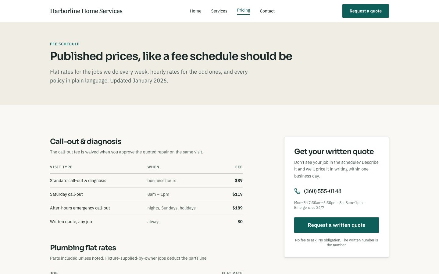 Home Services Website Template — pricing page screenshot