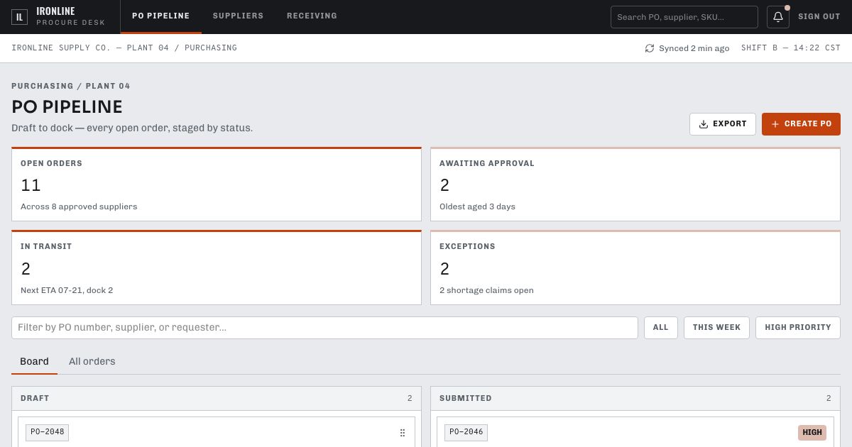 Purchase Order Management Template — home page screenshot
